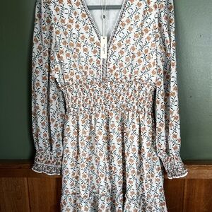 Max Studio Cream Smocked A-line Dress with Long Bishop Sleeves